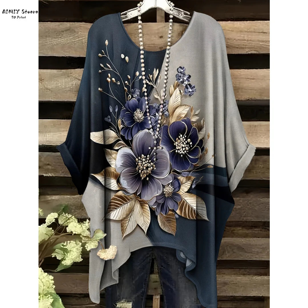 Butterfly Flower Pattern Printed Tail Hem Round Neck T-Shirt