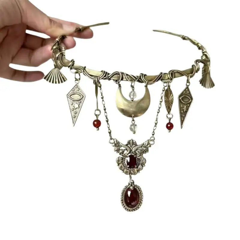 Vintage Glamorous  Red Crystal Moon Pendant Necklace