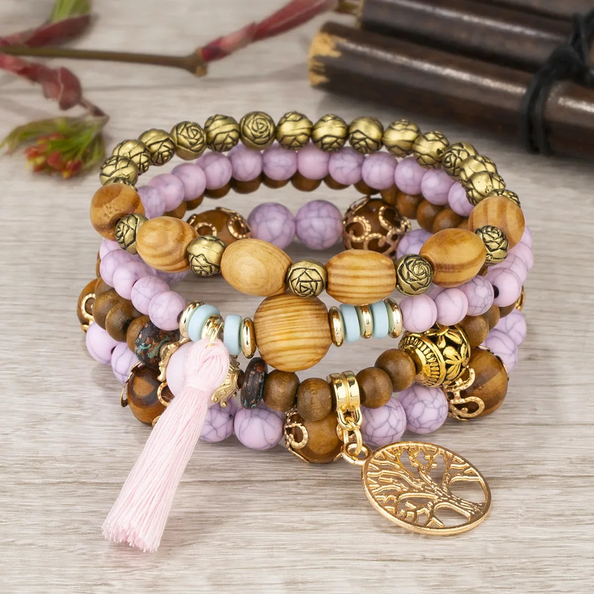 Boho Wooden Beaded Bracelet Set