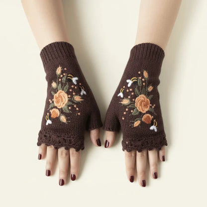 Vintage Embroidery Knitted Fingerless Gloves