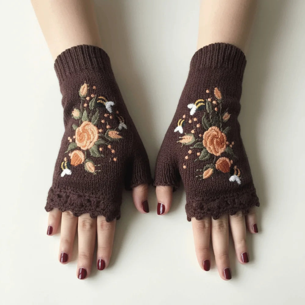 Vintage Embroidery Knitted Fingerless Gloves