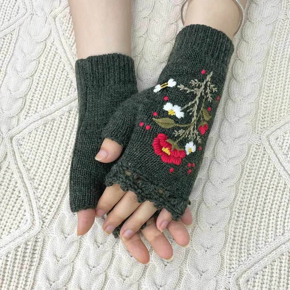 Vintage Embroidery Knitted Fingerless Gloves