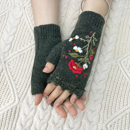 Vintage Embroidery Knitted Fingerless Gloves