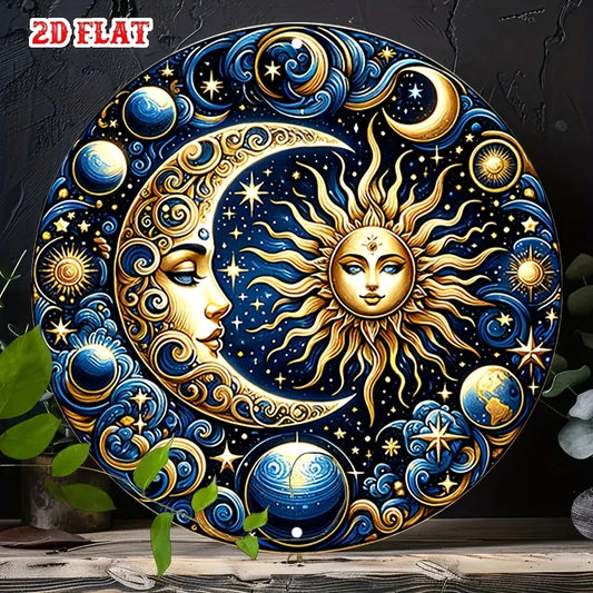 2D Flat 1pc Vintage Metal Sign, Celestial Sun and Moon in Cosmic Design Aluminum Round Poster with Elegant Imagery, Retro Vintag