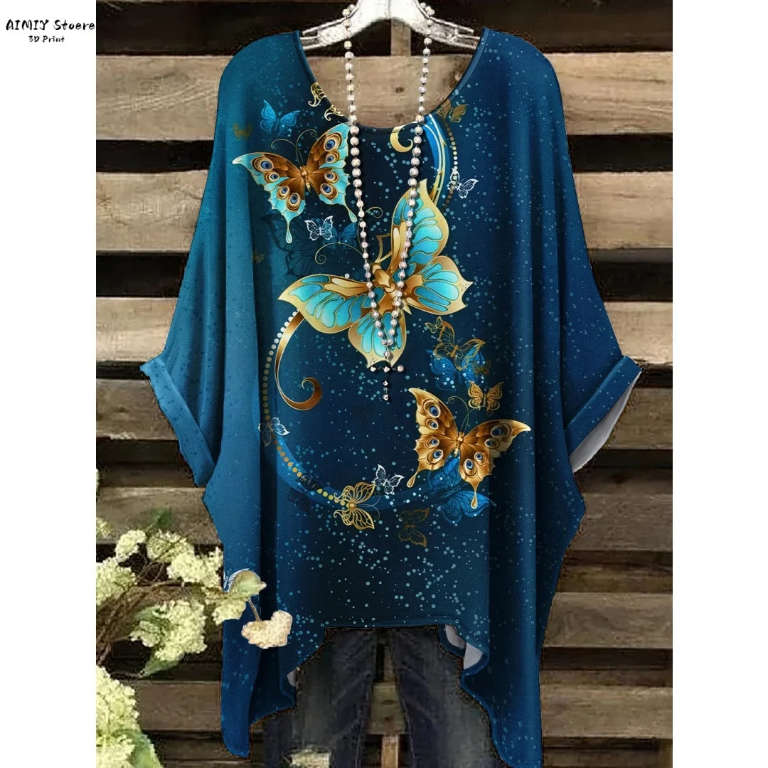 Butterfly Flower Pattern Printed Tail Hem Round Neck T-Shirt