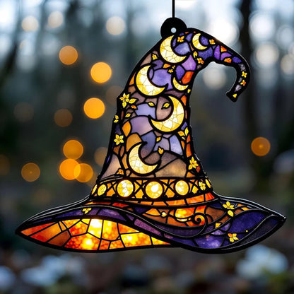 Halloween Witch Hat Window Hanging Acrylic Sun Catchers Hat Shaped with Moon & Floral Pendant Wall Decortions for Home & Garden