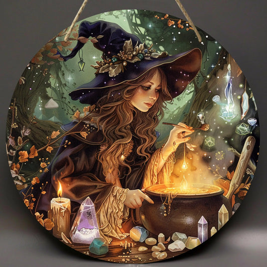 Witch Theme Round Wooden Sign