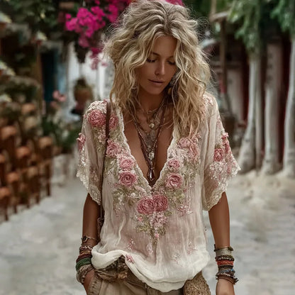 Floral Print Loose Tops Casual V-neck Short Sleeve