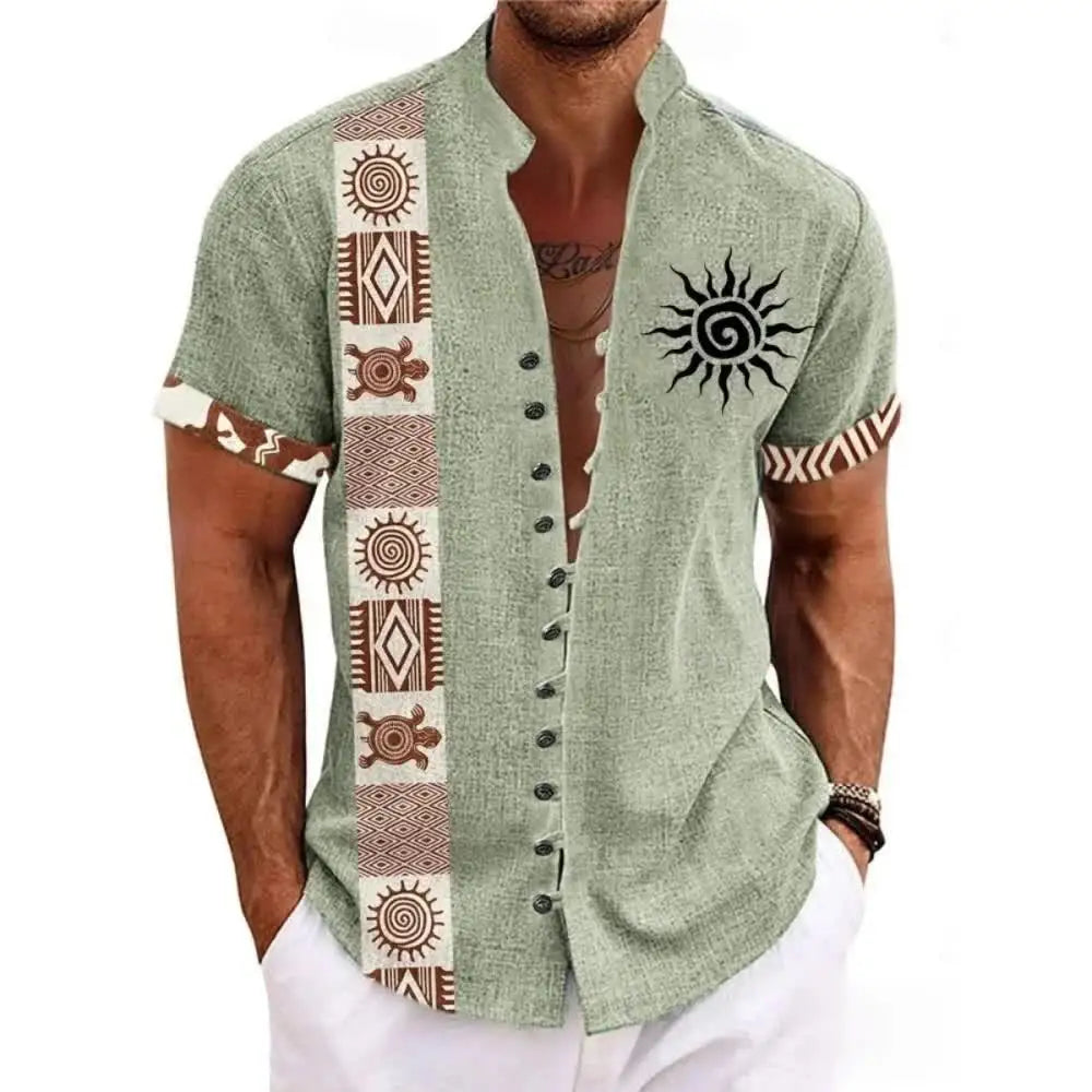 Men's Linen Short-Sleeved Shirt Ethnic Totem Print