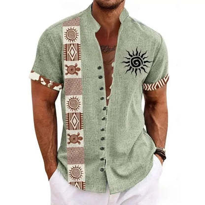 Men's Linen Short-Sleeved Shirt Ethnic Totem Print