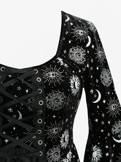 Gothic Sun Moon Star Printed Dress