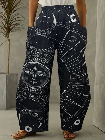 Wide-legged Pants Elegant Sun, Moon And Star Print