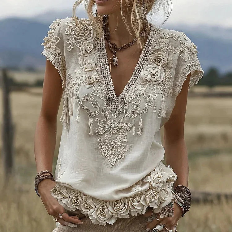 Floral Print Loose Tops Casual V-neck Short Sleeve