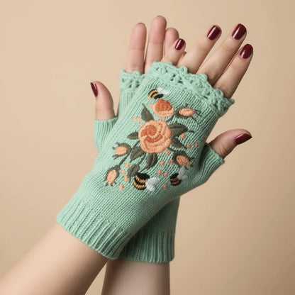 Vintage Embroidery Knitted Fingerless Gloves