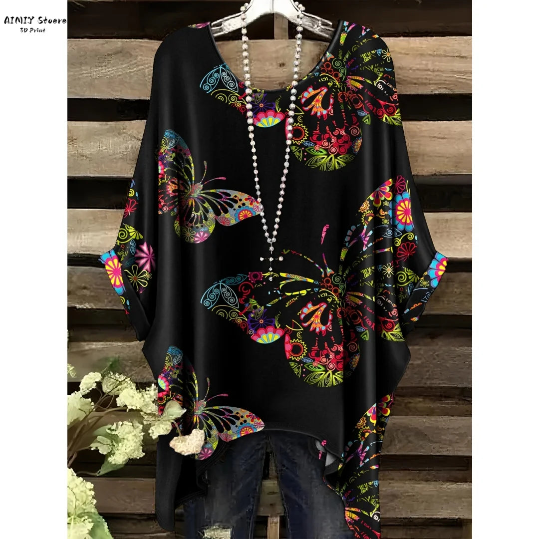 Butterfly Flower Pattern Printed Tail Hem Round Neck T-Shirt