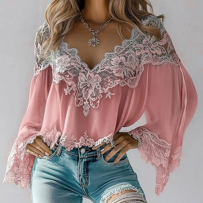 Chic Bohemian Lace V Neck Blouse