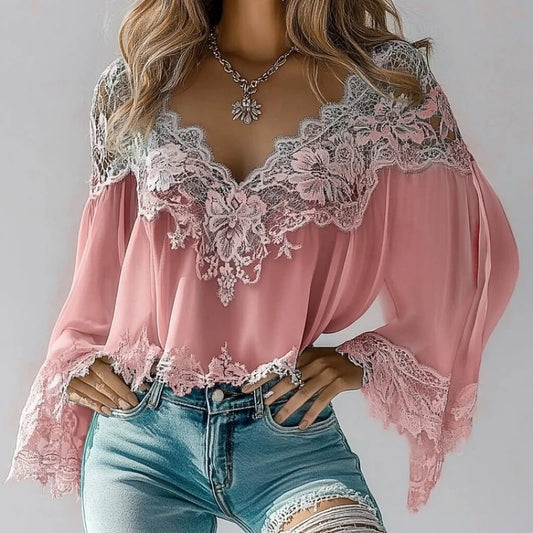 Chic Bohemian Lace V Neck Blouse