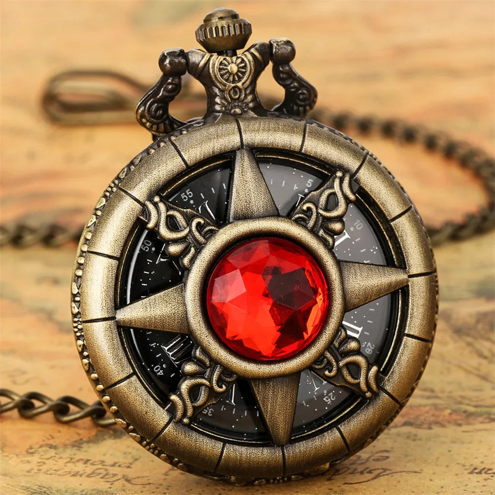 Hollow Sun Rhinestone Decorated Chic Bronze Quartz Pocket Watch Men Women Black Starry Roman Numerals Fob Chain Pendant Clock