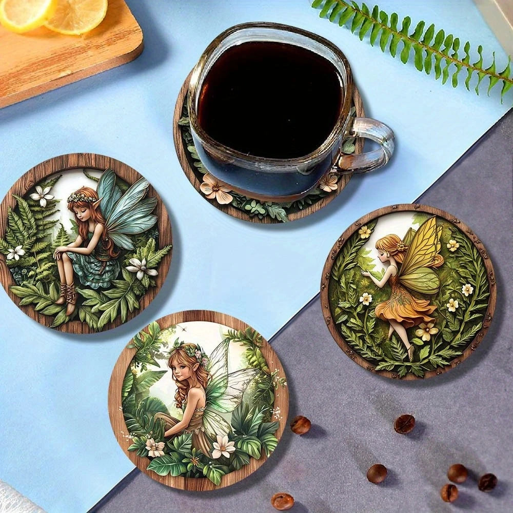 6 Pieces Wooden Coasters Green Elf Pattern