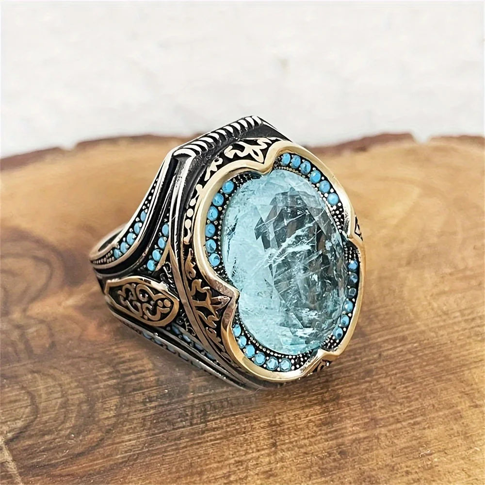 Vintage Turkish Blue Cubic Zirconia Ring - Antique Silver Finish