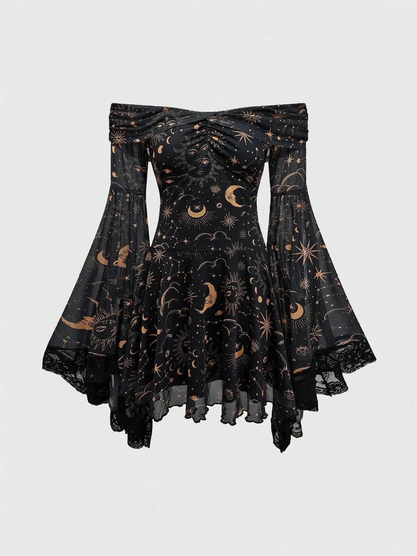 Gothic Style Vintage  Star Moon Long Sleeve A- Line Dress