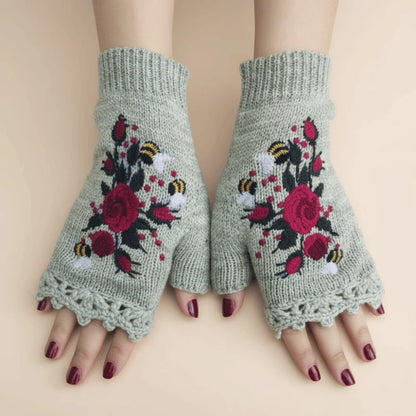 Vintage Embroidery Knitted Fingerless Gloves