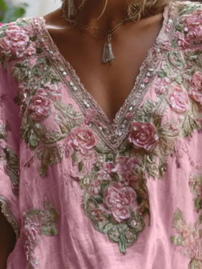 Floral Print Loose Tops Casual V-neck Short Sleeve