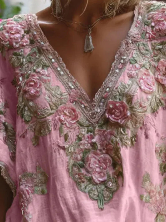 Floral Print Loose Tops Casual V-neck Short Sleeve
