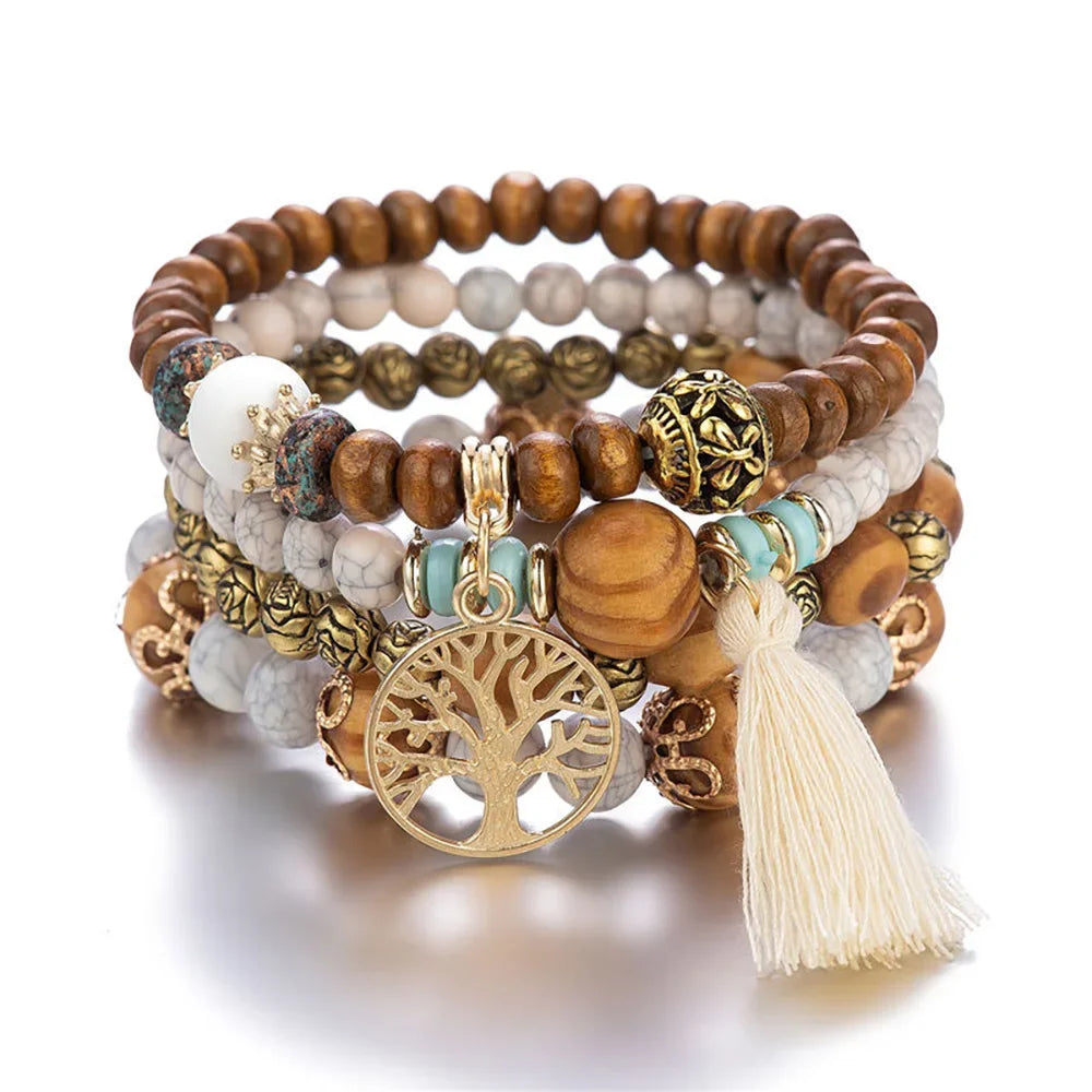 Boho Wooden Beaded Bracelet Set