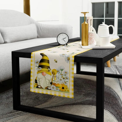 Spring Bee Gnomes Yellow Plaid Linen Table Runner