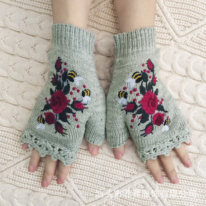 Vintage Embroidery Knitted Fingerless Gloves