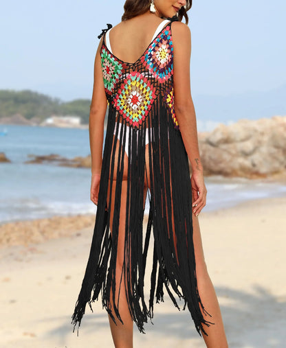 Hand Hooked  Long Tassel Beach Cover up