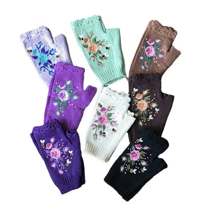 Vintage Embroidery Knitted Fingerless Gloves