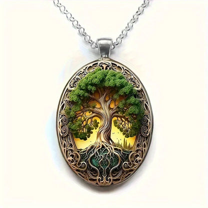 Elegant Tree of Life Elliptical Glass Alloy Pendant Necklace
