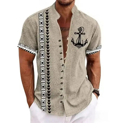 Men's Linen Short-Sleeved Shirt Ethnic Totem Print