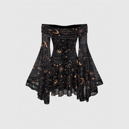 Gothic Style Vintage  Star Moon Long Sleeve A- Line Dress