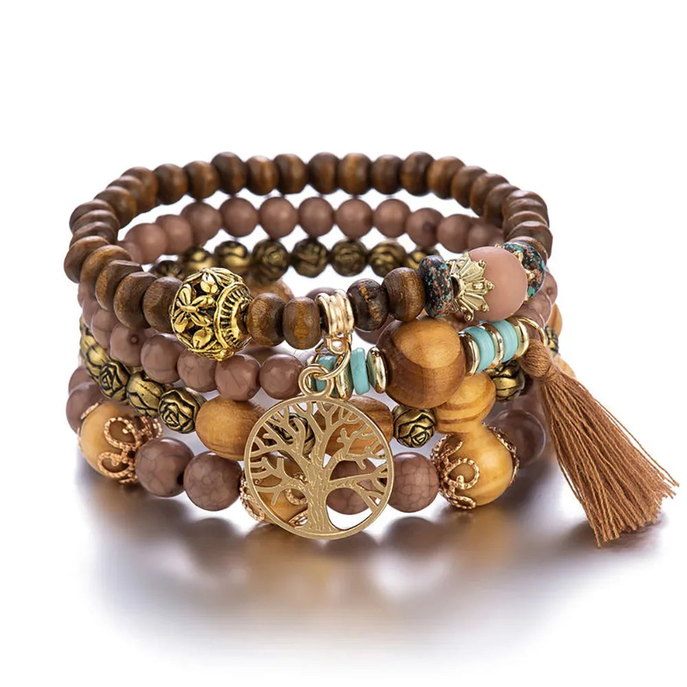 Boho Wooden Beaded Bracelet Set