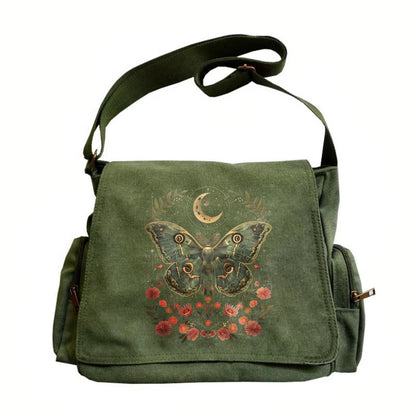 Vintage Women's Shoulder Bag Canvas Moth Moon Print Large Capacity