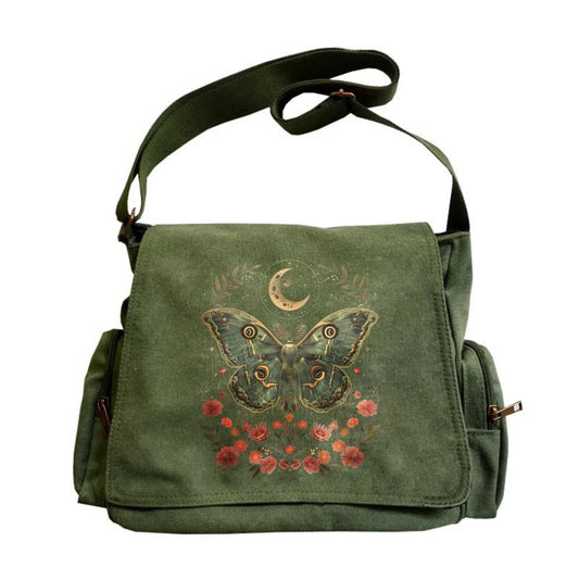 Vintage Women's Shoulder Bag Canvas Moth Moon Print Large Capacity