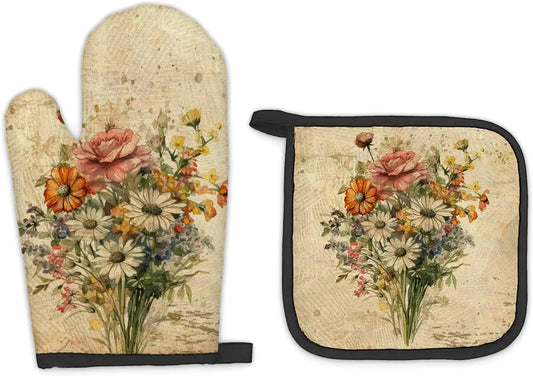 Vintage Floral Flowers Oven Mitts and Pot Holders Set