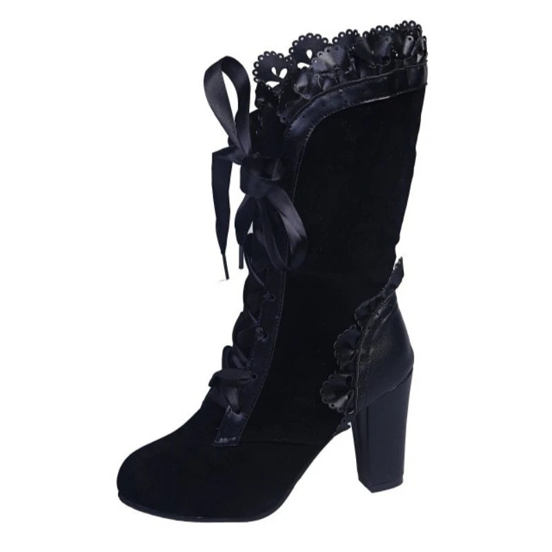 High Heel Vintage Leather Suede Lace Up Mid Calf Boots