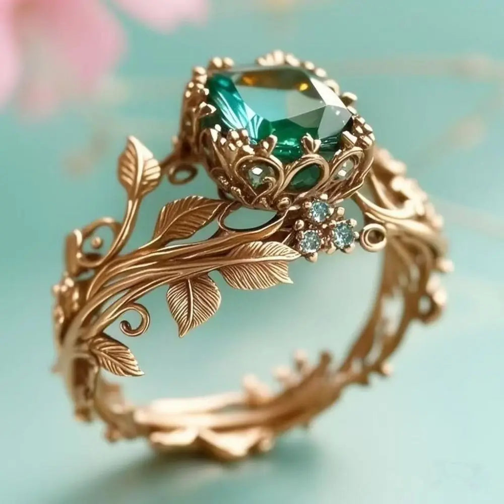 Inlaid Design Leaf Flower Ring