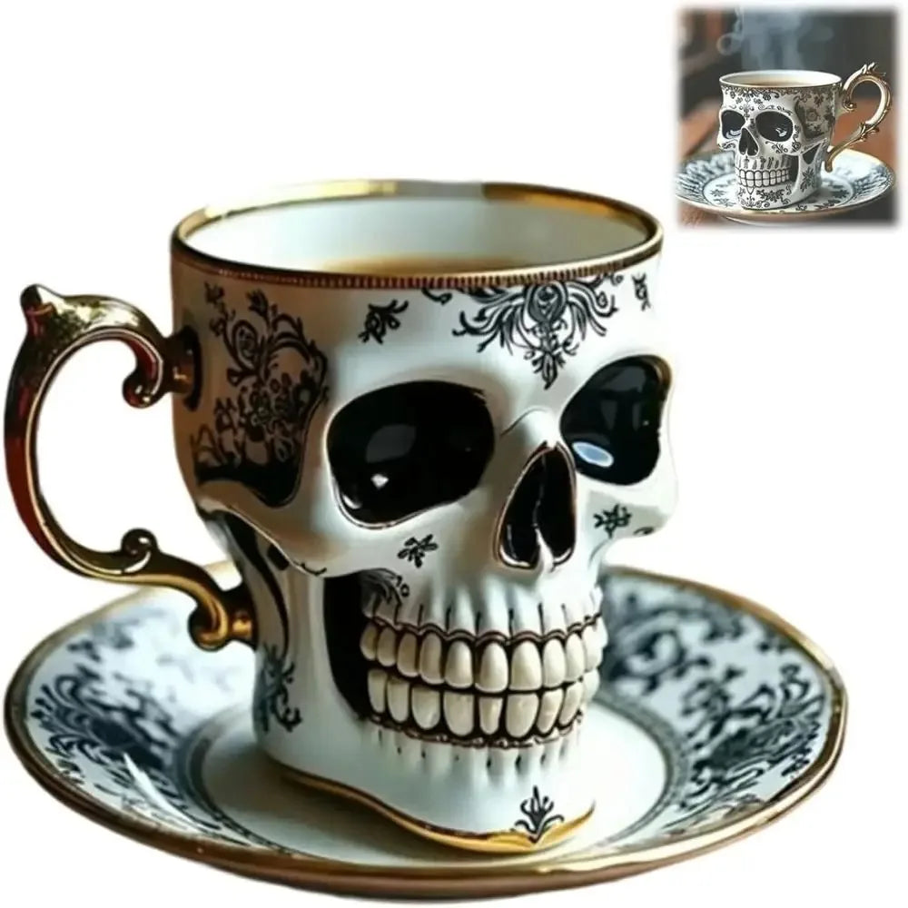 Skull Printed Resin Coffee Cups and Saucers