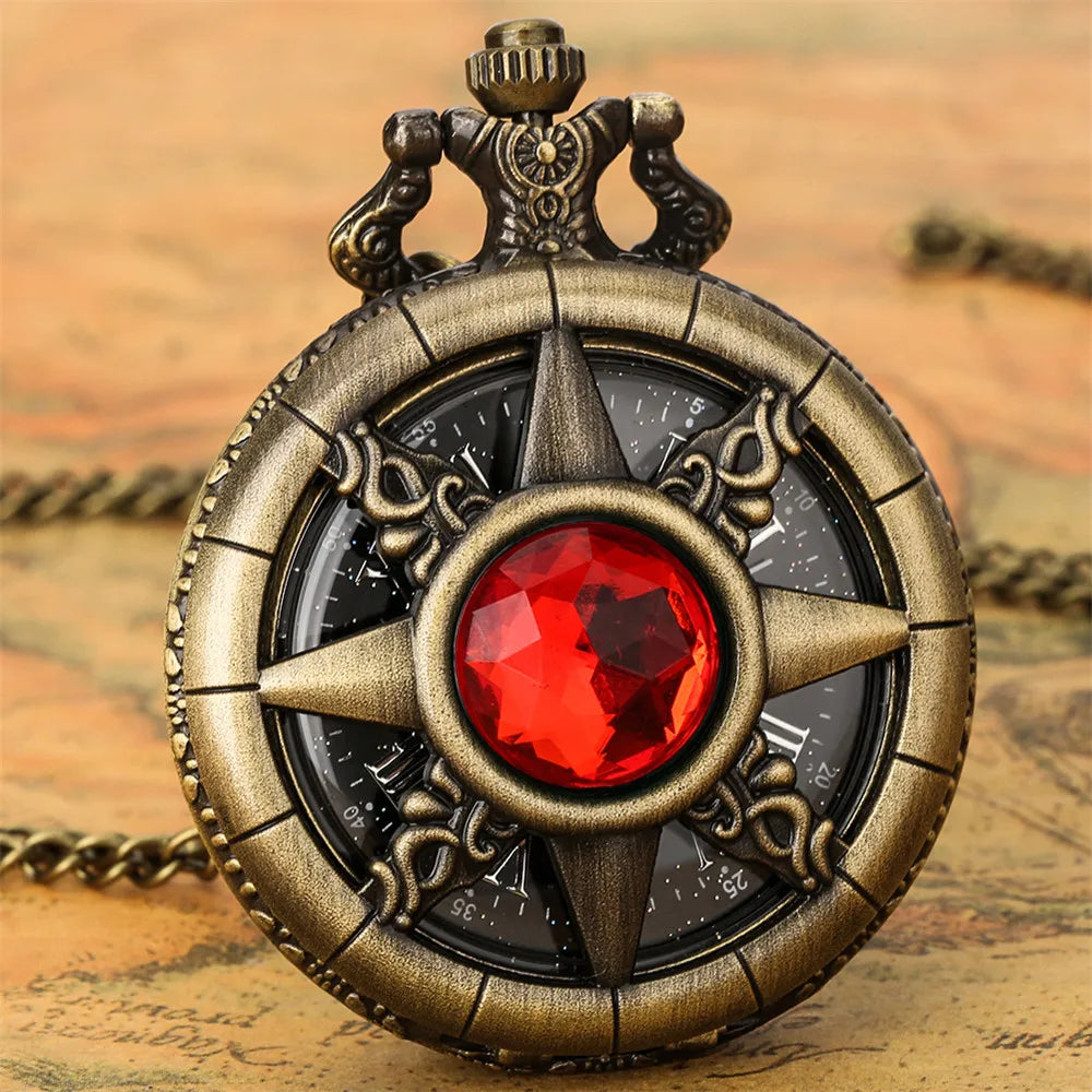 Hollow Sun Rhinestone Decorated Chic Bronze Quartz Pocket Watch Men Women Black Starry Roman Numerals Fob Chain Pendant Clock