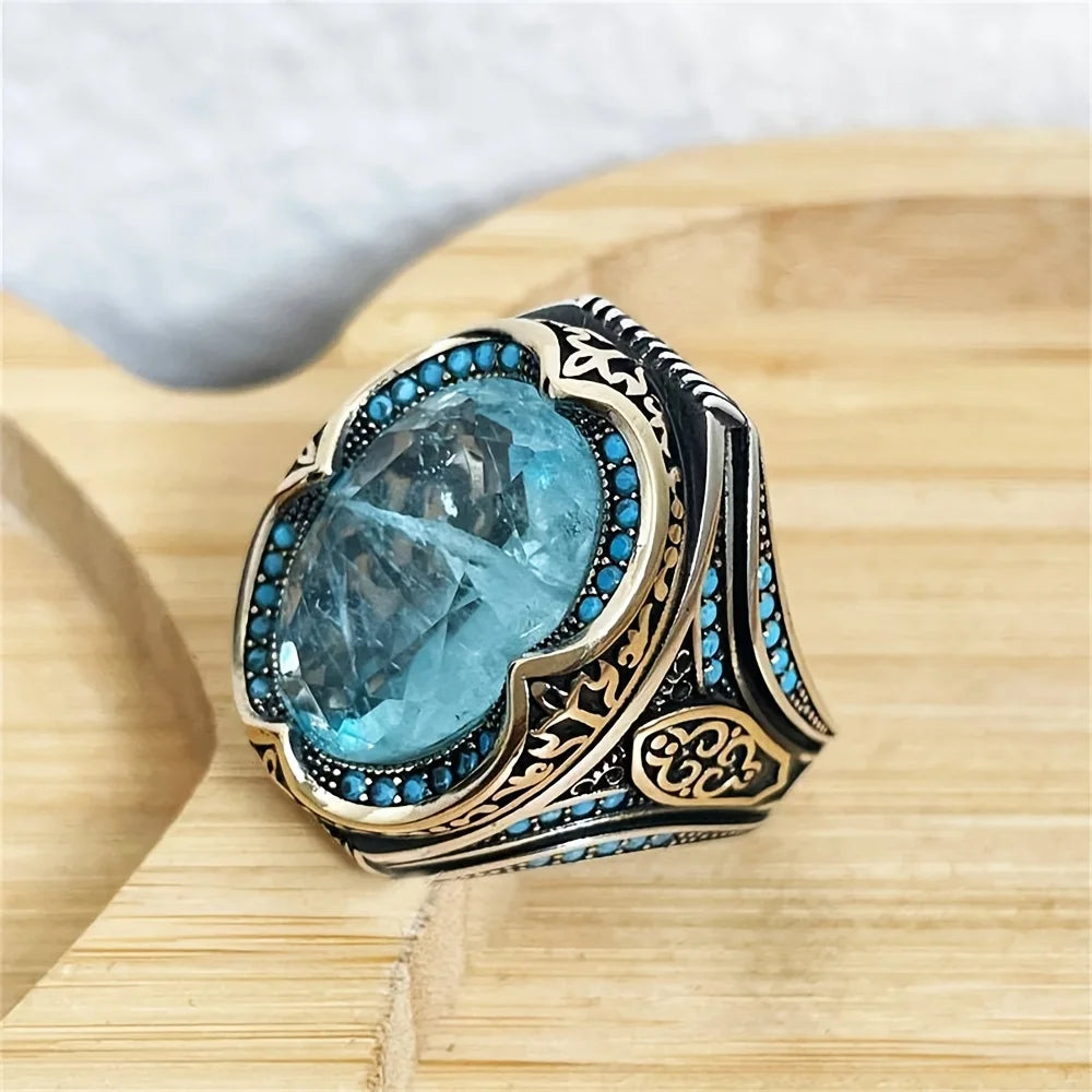 Vintage Turkish Blue Cubic Zirconia Ring - Antique Silver Finish