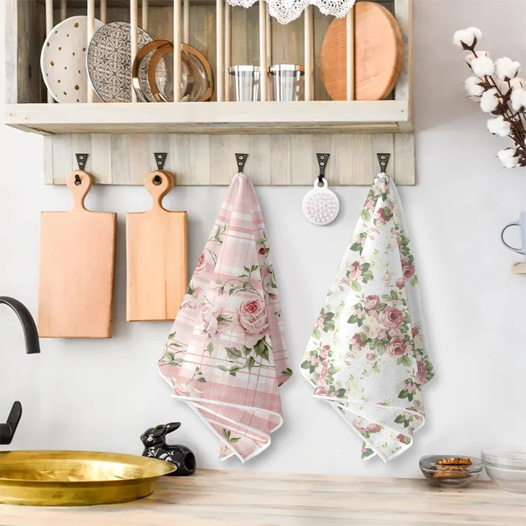 Pink Rose Plaid and All-Over Floral Kitchen Towels