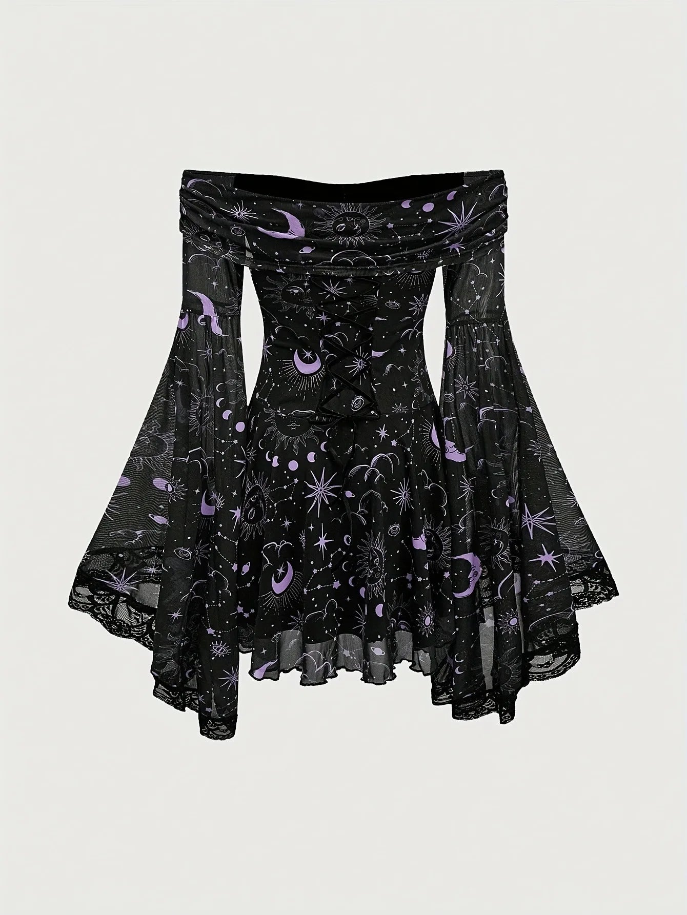 Gothic Style Vintage  Star Moon Long Sleeve A- Line Dress
