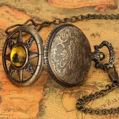 Hollow Sun Rhinestone Decorated Chic Bronze Quartz Pocket Watch Men Women Black Starry Roman Numerals Fob Chain Pendant Clock
