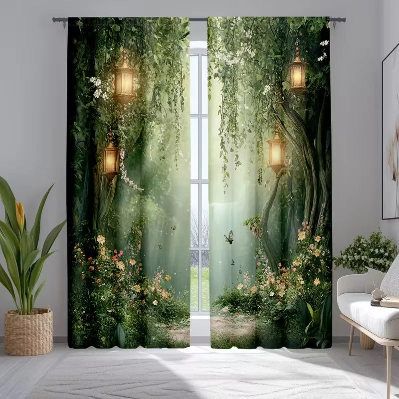 2 Pcs Psychedelic Forest print curtains