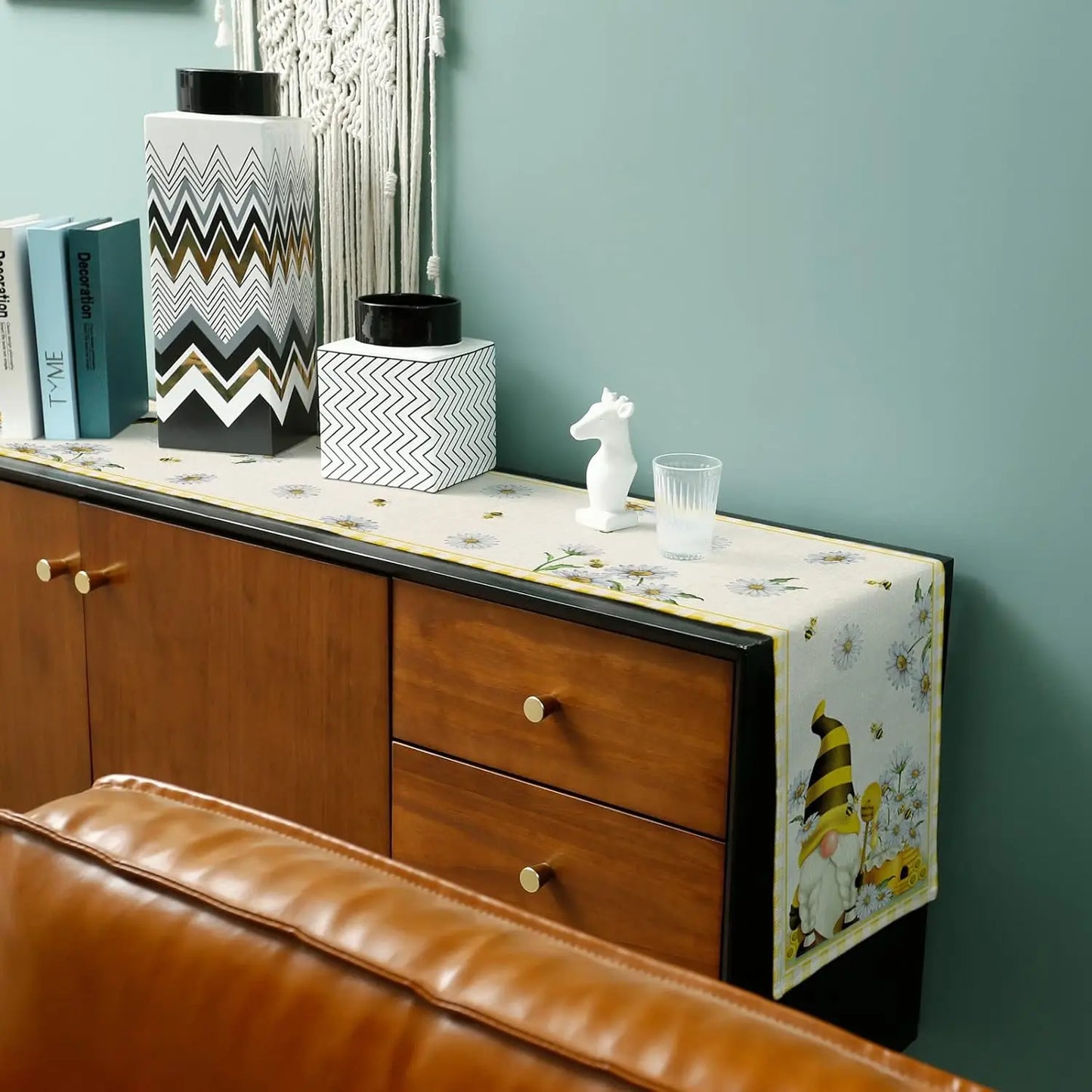 Spring Bee Gnomes Yellow Plaid Linen Table Runner